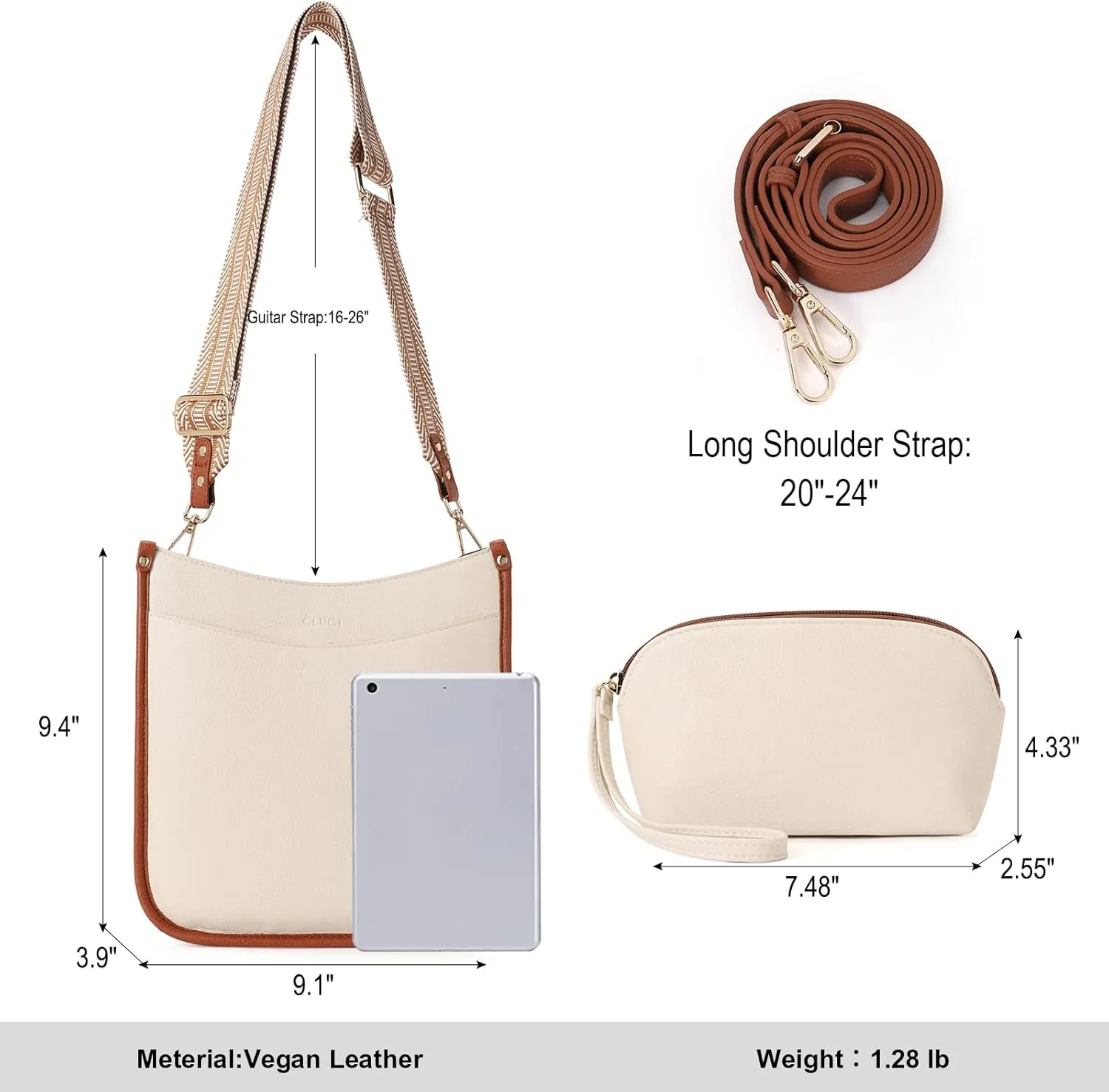 CLUCI Purses for Women, Vegen Leather Crossbody Bags for Woman Trendy, 2PCS Hobo Handbag with 2 Adjustable Guitar Strap
