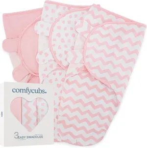 Comfy Cubs Easy Swaddle Blanket, 3 Pack - 100% Cotton Newborn Wrap, Small for 0-3 Months Infants, with Adjustable Velcro, Breathable and Durable Sleep Sack for Babies - Pink