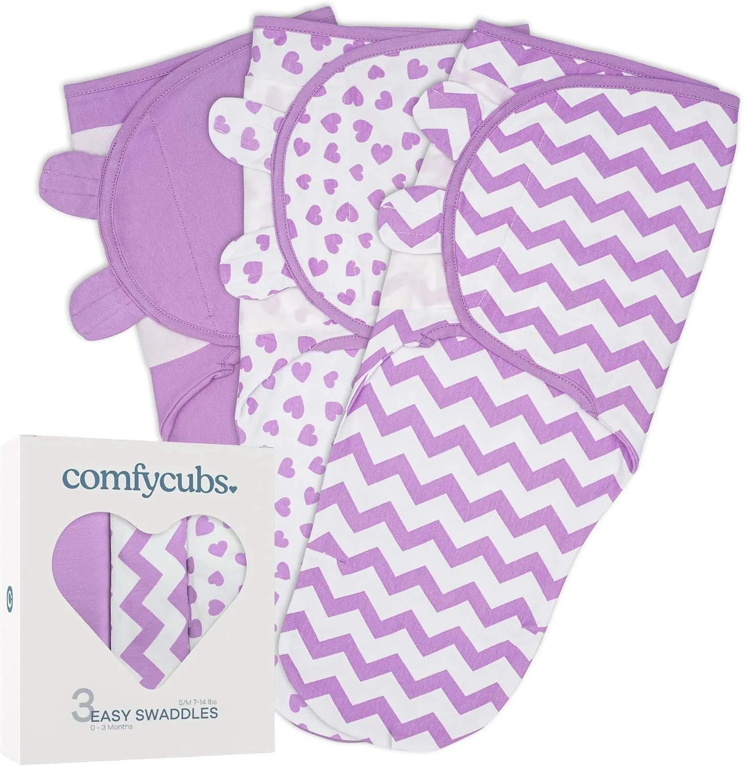 Comfy Cubs Easy Swaddle Blanket, 3 Pack - 100% Cotton Newborn Wrap, Small for 0-3 Months Infants, with Adjustable Velcro, Breathable and Durable Sleep Sack for Babies - Purple
