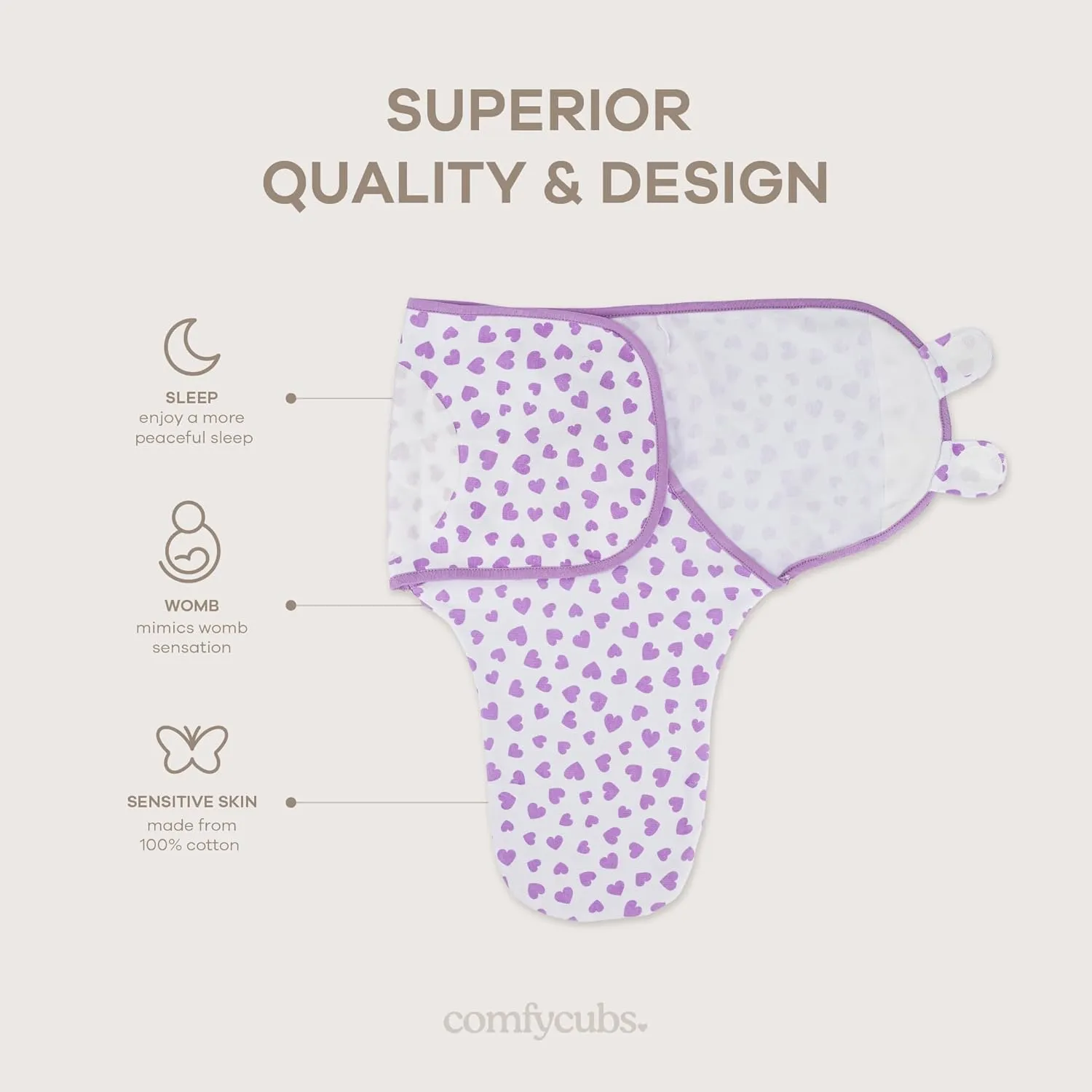 Comfy Cubs Easy Swaddle Blanket, 3 Pack - 100% Cotton Newborn Wrap, Small for 0-3 Months Infants, with Adjustable Velcro, Breathable and Durable Sleep Sack for Babies - Purple