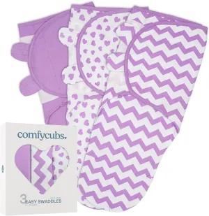 Comfy Cubs Easy Swaddle Blanket, 3 Pack - 100% Cotton Newborn Wrap, Small for 0-3 Months Infants, with Adjustable Velcro, Breathable and Durable Sleep Sack for Babies - Purple