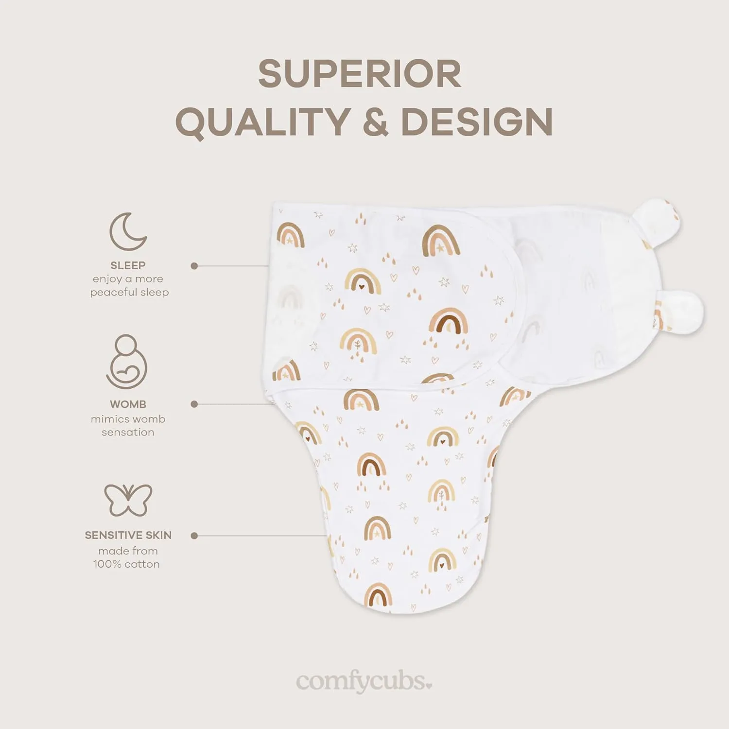 Comfy Cubs Easy Swaddle Blanket, 3 Pack - 100% Cotton Newborn Wrap, Small for 0-3 Months Infants, with Adjustable Velcro, Breathable and Durable Sleep Sack for Babies - Rainbow Bohemian