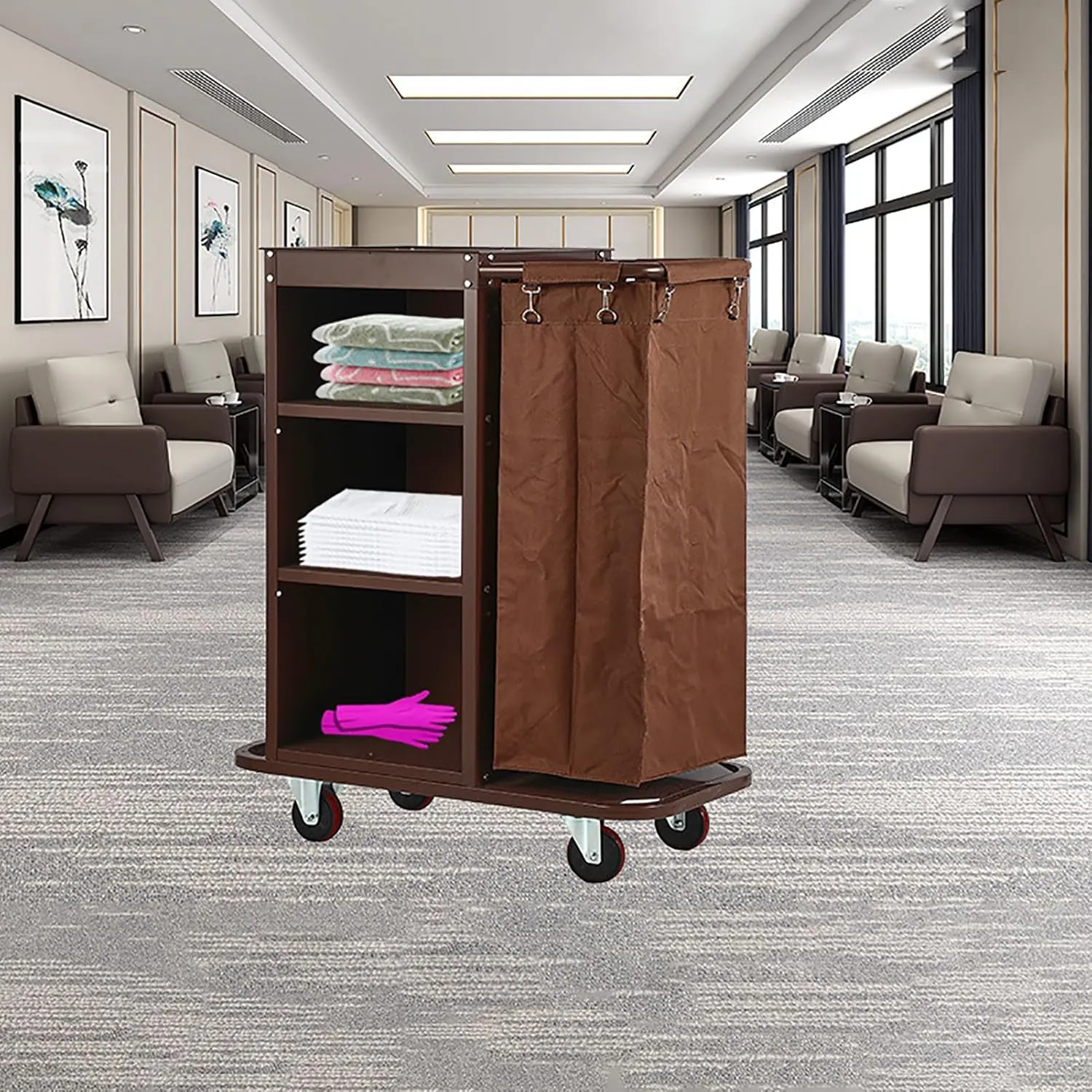 Commercial Traditional Janitorial 3-Shelf Cleaning Cart, Wheeled with Bag for Business/School/Office/Janitorial Cleaning,Brown