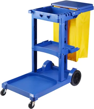 Commercial Traditional Janitorial 3-Shelf Cleaning Cart, Wheeled with Vinyl Bag and Lid, for Business/School/Office/Janitorial Cleaning,Blue