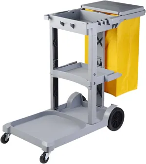 Commercial Traditional Janitorial 3-Shelf Cleaning Cart, Wheeled with Vinyl Bag and Lid, for Business/School/Office/Janitorial Cleaning,Gray