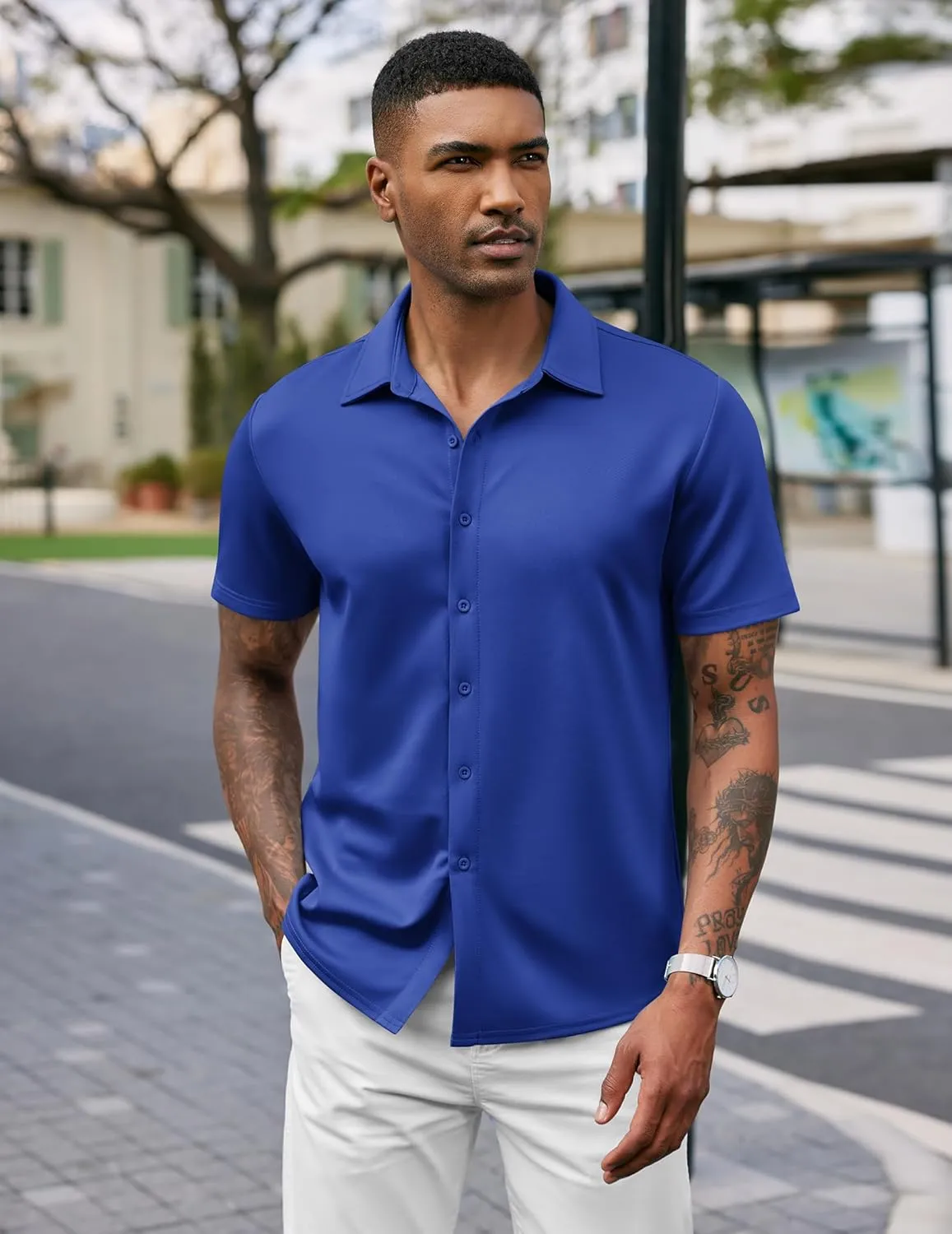 COOFANDY Mens Casual Wrinkle Free Shirts Short Sleeve Button Down Summer Stretch Dress Shirt