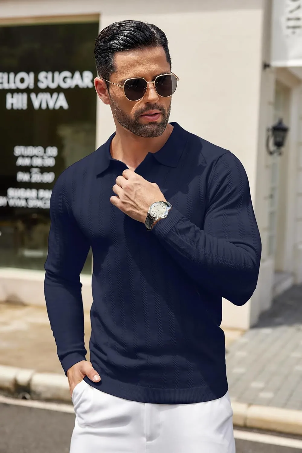 COOFANDY Men's Knit Polo Shirt Casual Long Sleeve Polo Sweater Dress Collar Polo Classic Golf Shirts