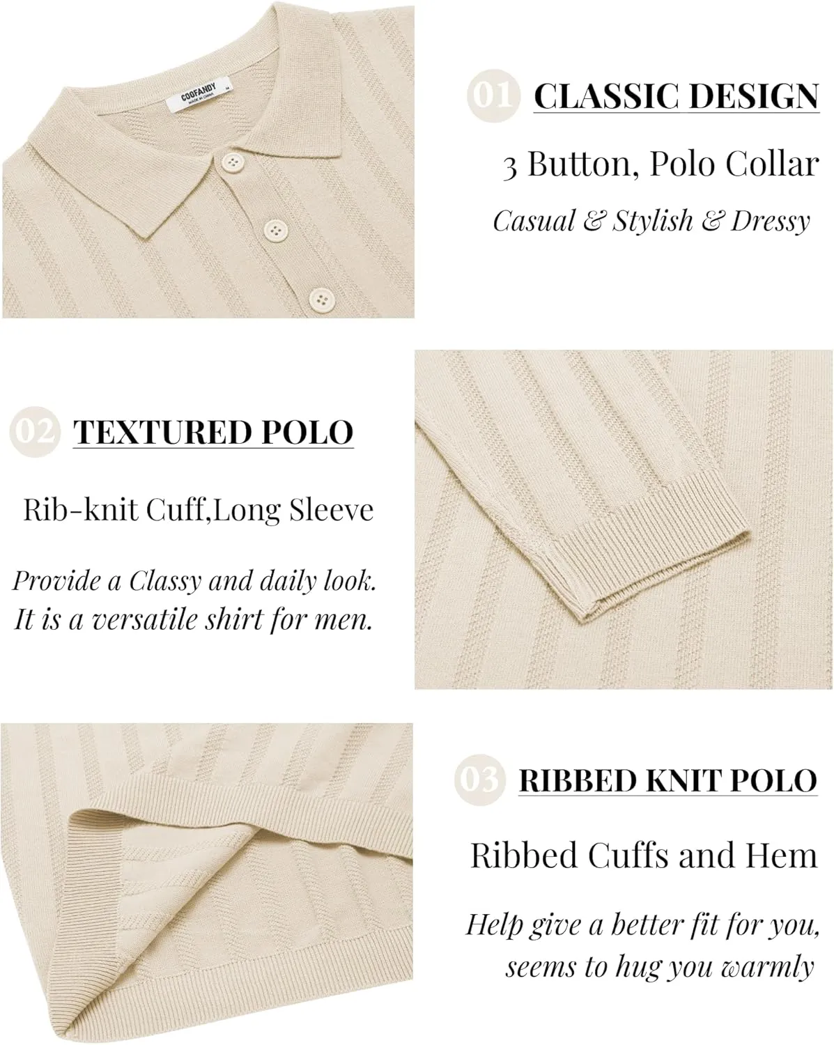 COOFANDY Men's Knit Polo Shirt Casual Long Sleeve Polo Sweater Dress Collar Polo Classic Golf Shirts