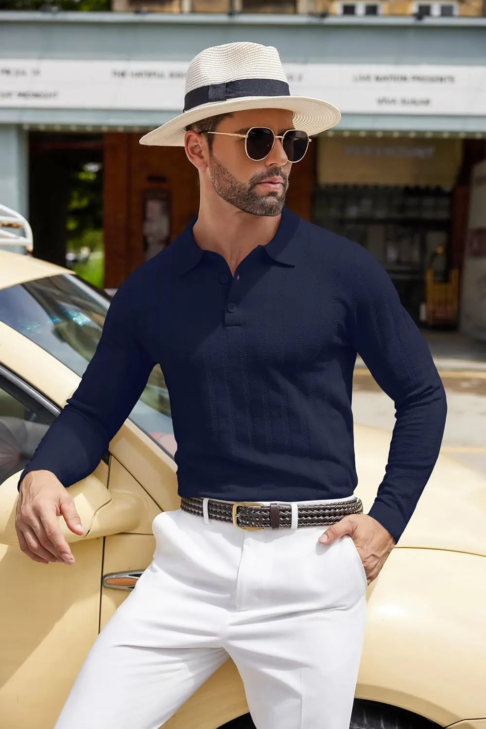 COOFANDY Men's Knit Polo Shirt Casual Long Sleeve Polo Sweater Dress Collar Polo Classic Golf Shirts