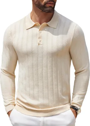 COOFANDY Men's Knit Polo Shirt Casual Long Sleeve Polo Sweater Dress Collar Polo Classic Golf Shirts