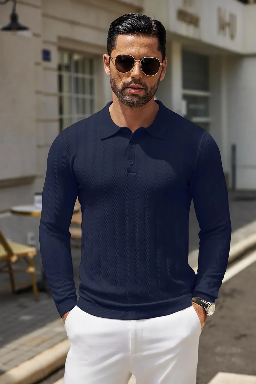 COOFANDY Men's Knit Polo Shirt Casual Long Sleeve Polo Sweater Dress Collar Polo Classic Golf Shirts