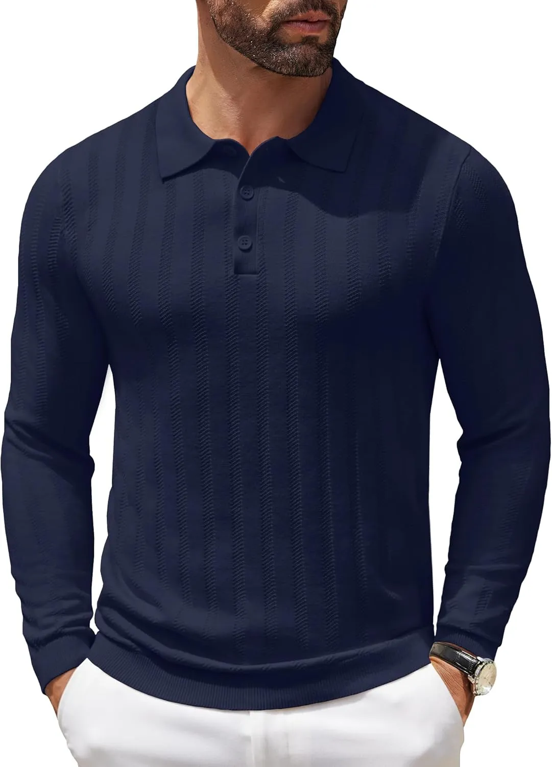 COOFANDY Men's Knit Polo Shirt Casual Long Sleeve Polo Sweater Dress Collar Polo Classic Golf Shirts