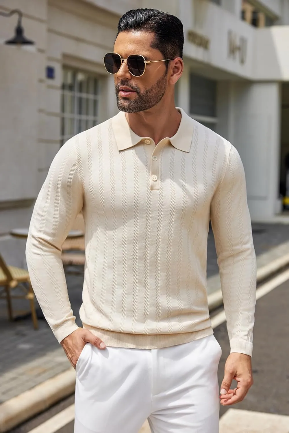 COOFANDY Men's Knit Polo Shirt Casual Long Sleeve Polo Sweater Dress Collar Polo Classic Golf Shirts