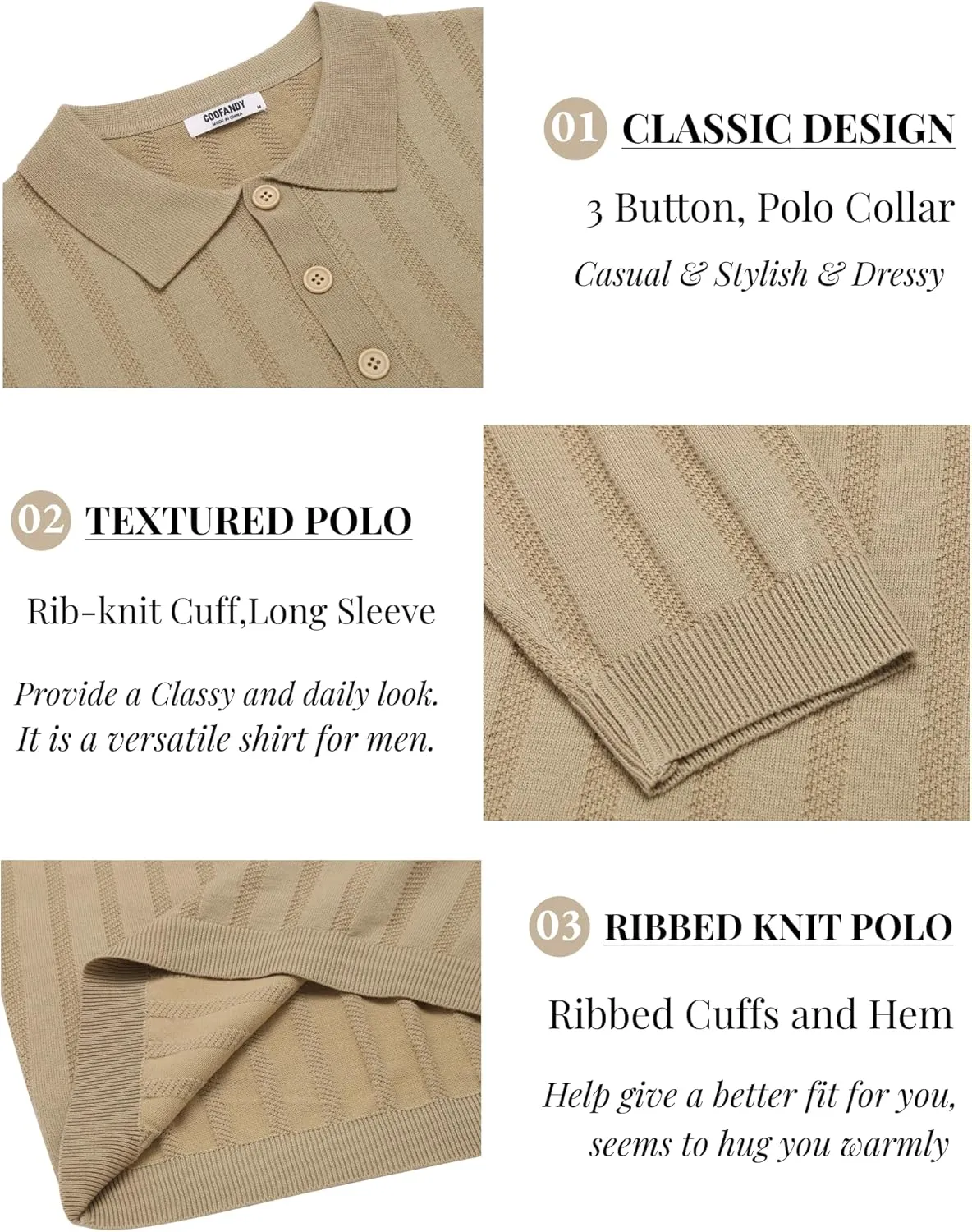COOFANDY Men's Knit Polo Shirt Casual Long Sleeve Polo Sweater Dress Collar Polo Classic Golf Shirts
