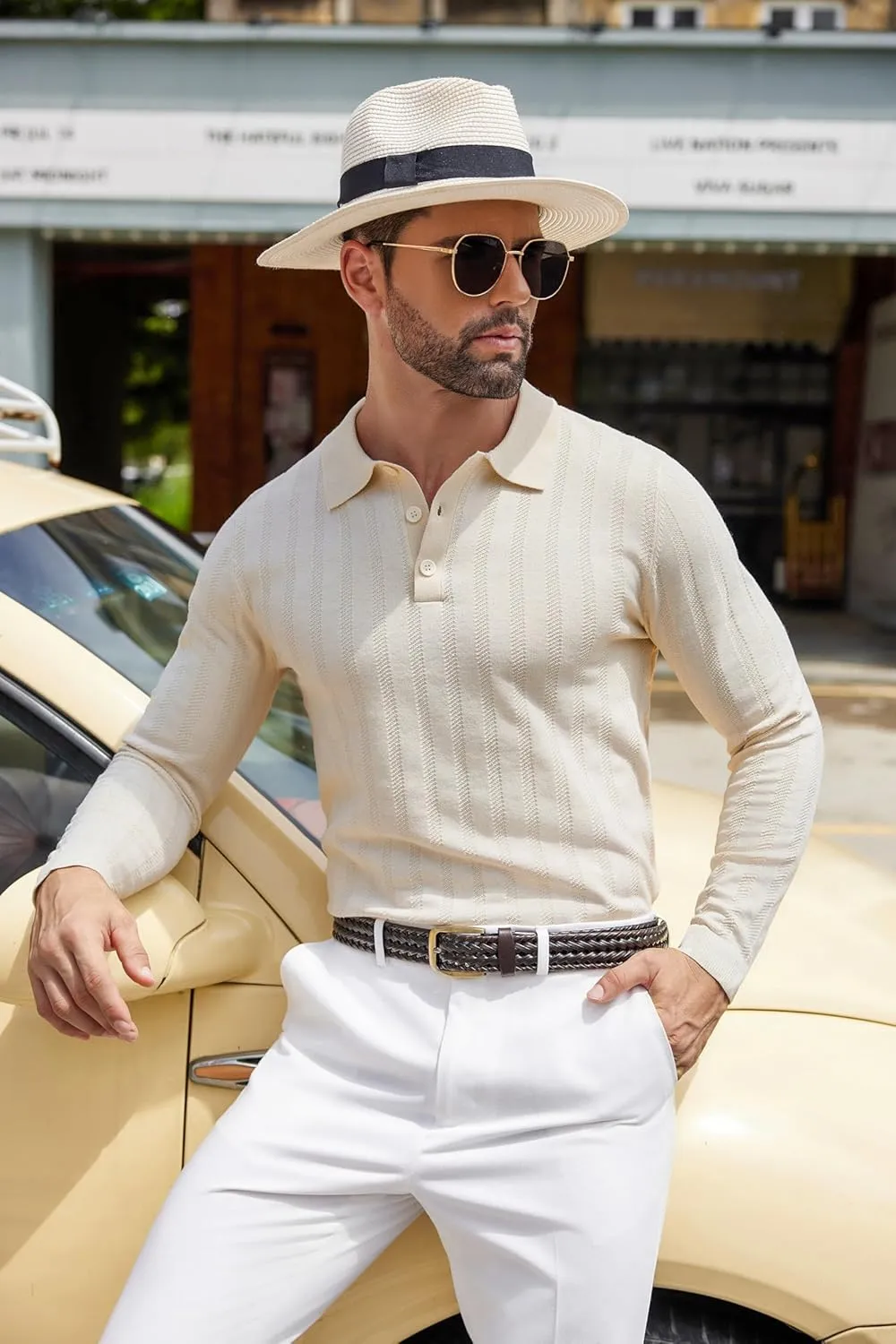 COOFANDY Men's Knit Polo Shirt Casual Long Sleeve Polo Sweater Dress Collar Polo Classic Golf Shirts