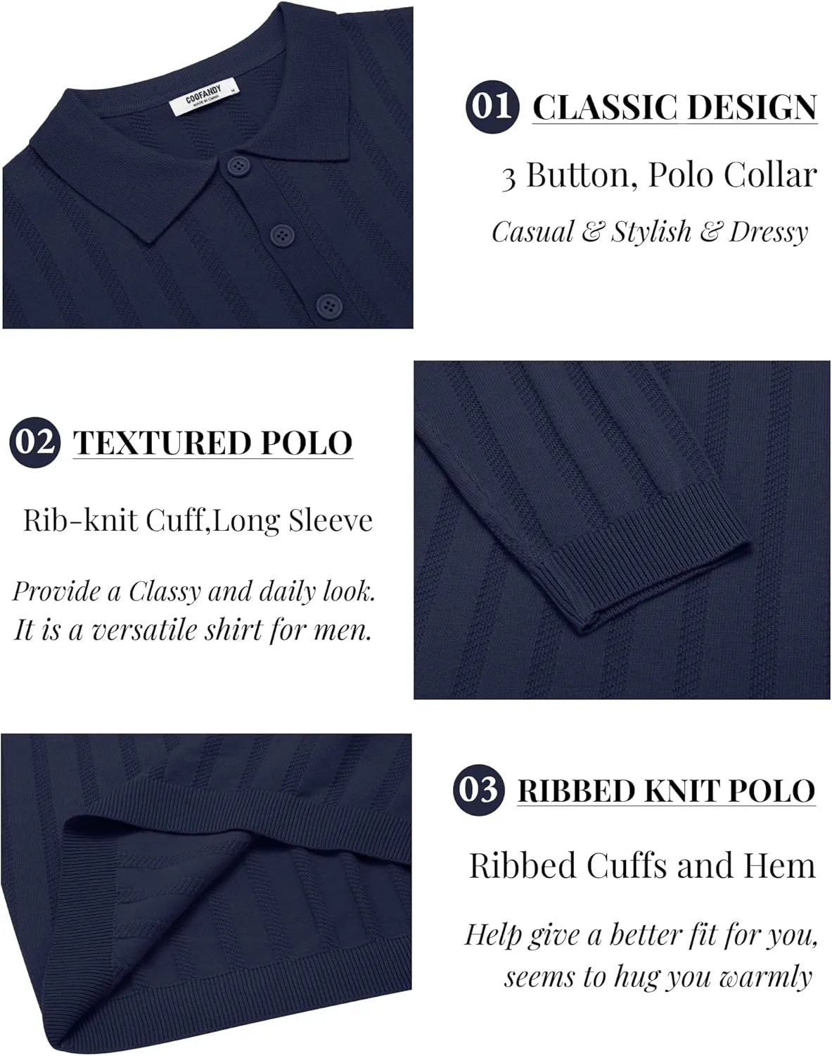 COOFANDY Men's Knit Polo Shirt Casual Long Sleeve Polo Sweater Dress Collar Polo Classic Golf Shirts
