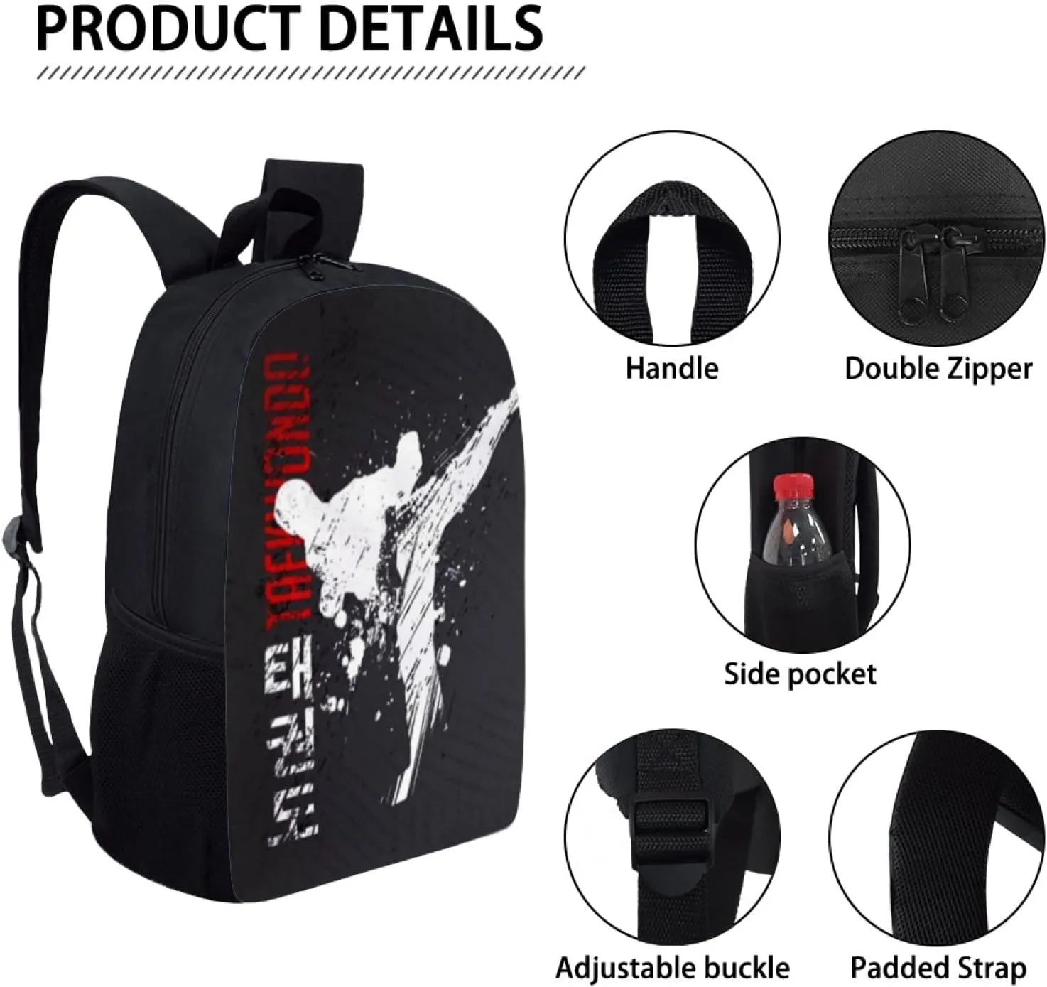 Cool Taekwondo Print Backpack for Elementary College Teenagers School Bag Travel Beach Daypack Boys Girls Shoulders School Backpack