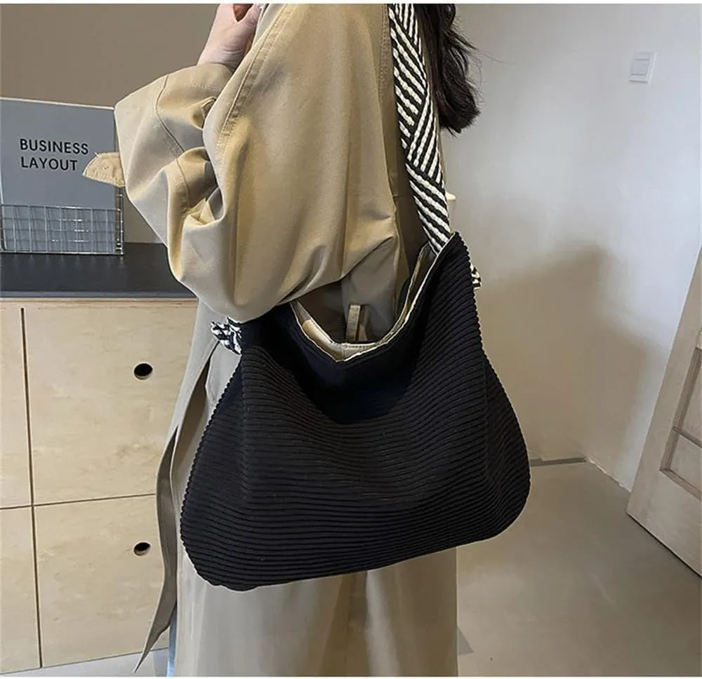 Corduroy Slouchy Hobo Bags for Women Large Corduroy Tote Bag with Wide Strap Casual Work Travel Shoulder Handbag