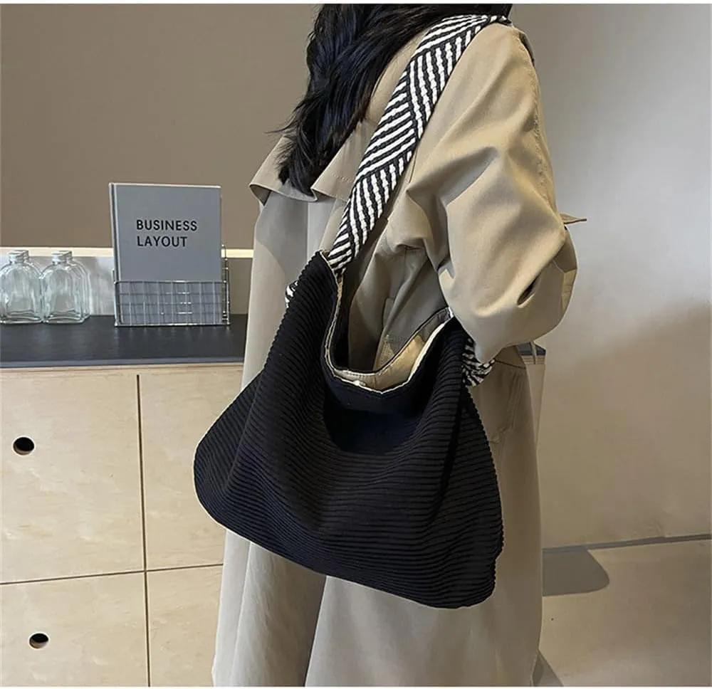 Corduroy Slouchy Hobo Bags for Women Large Corduroy Tote Bag with Wide Strap Casual Work Travel Shoulder Handbag