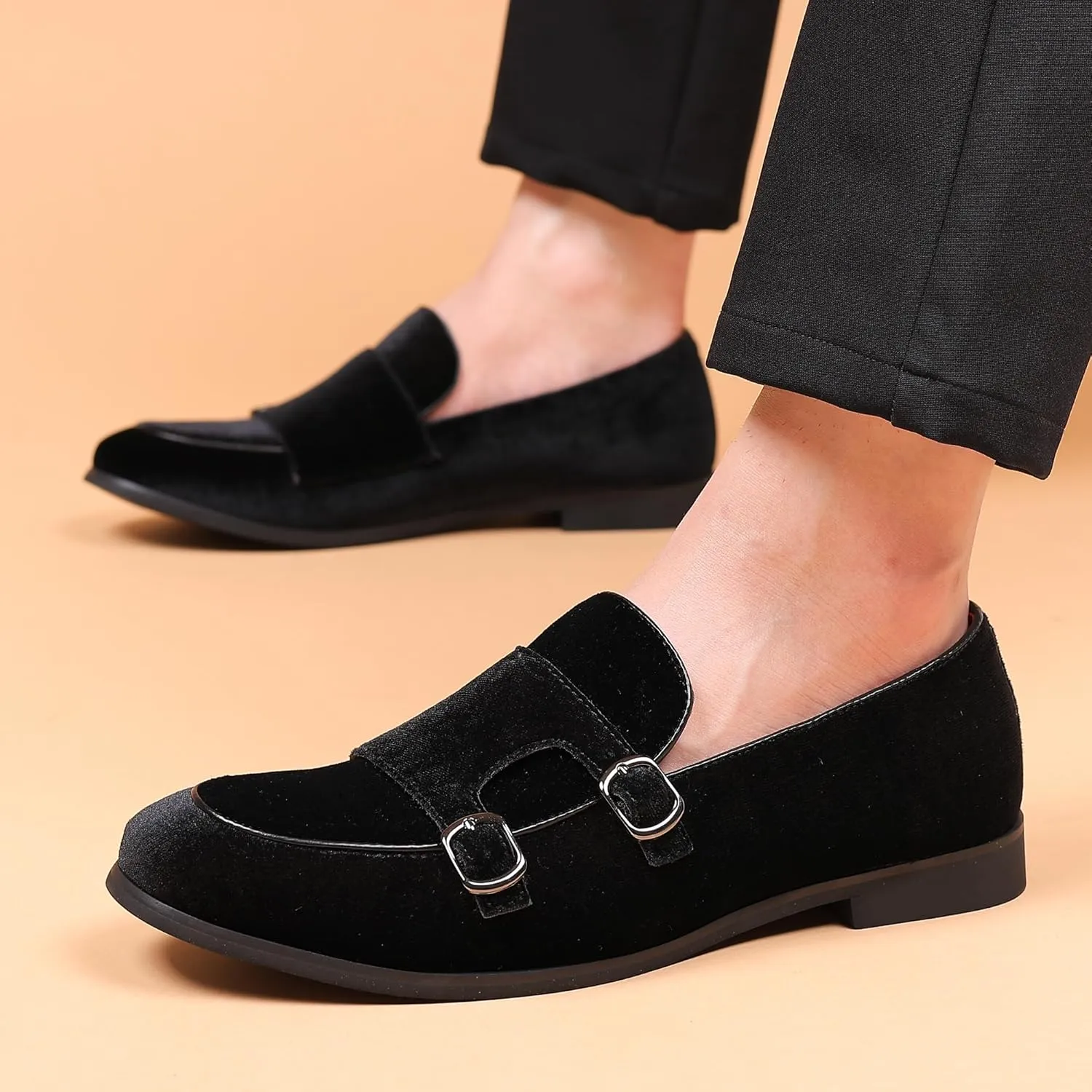 COSIDRAM Men's Casual Shoes Fashion Velvet Patent Leather Loafers Classic Gold Buckle Business Party Shoes