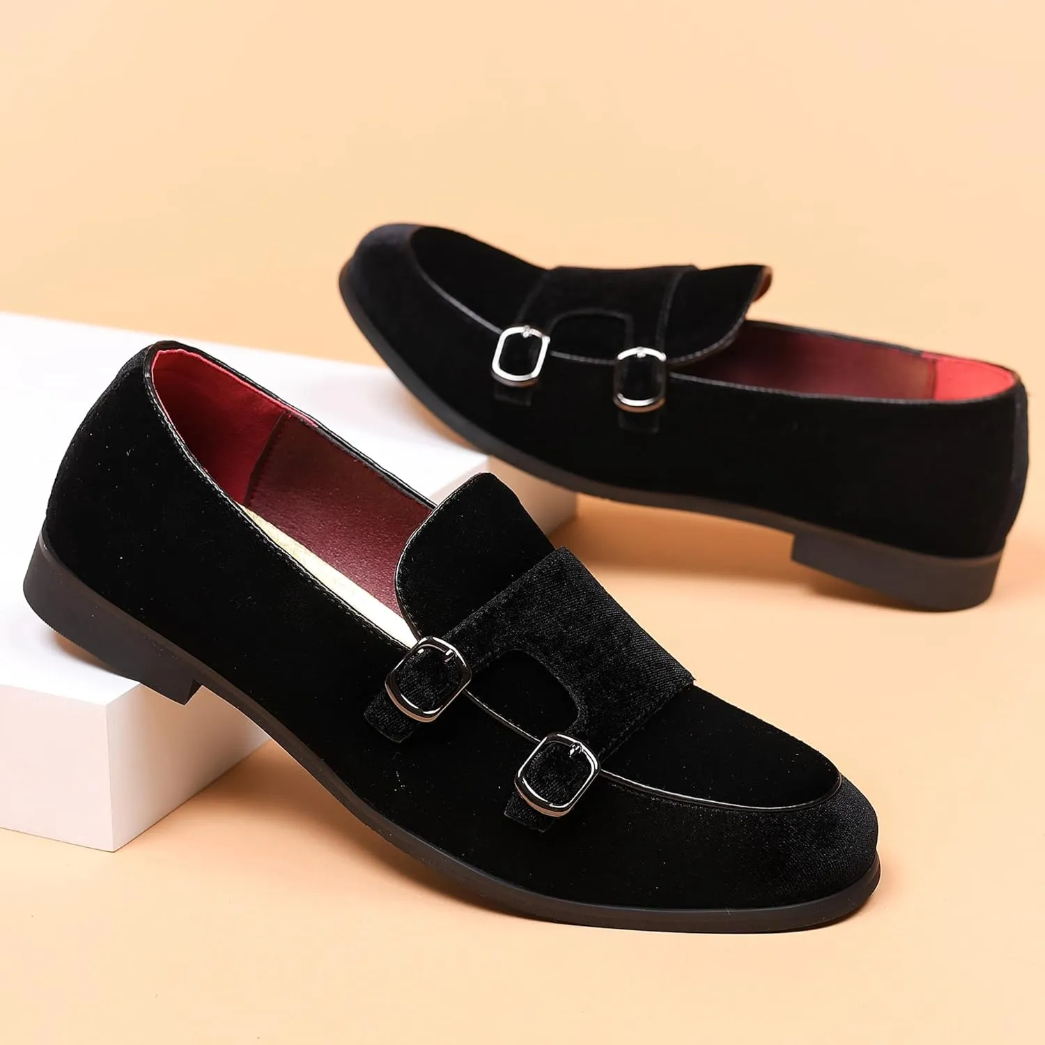 COSIDRAM Men's Casual Shoes Fashion Velvet Patent Leather Loafers Classic Gold Buckle Business Party Shoes