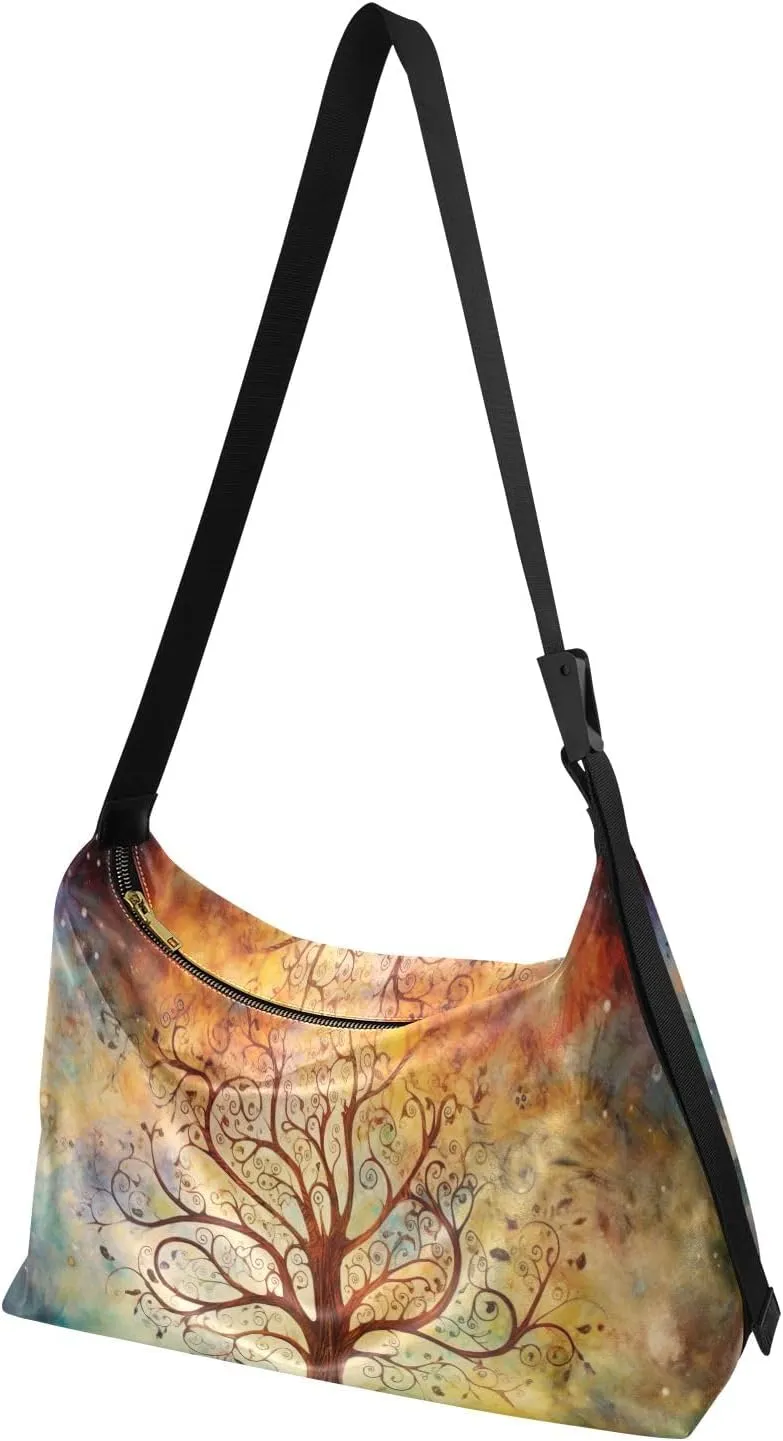 Cosmic Tree on Starry Night Sky Woman Large Cross Body Bag, Leather Shoulder Bag, Cross Body Faux Leather Bag