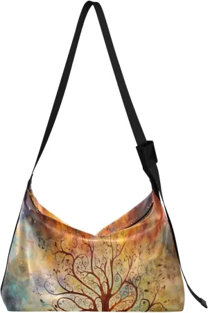 Cosmic Tree on Starry Night Sky Woman Large Cross Body Bag, Leather Shoulder Bag, Cross Body Faux Leather Bag