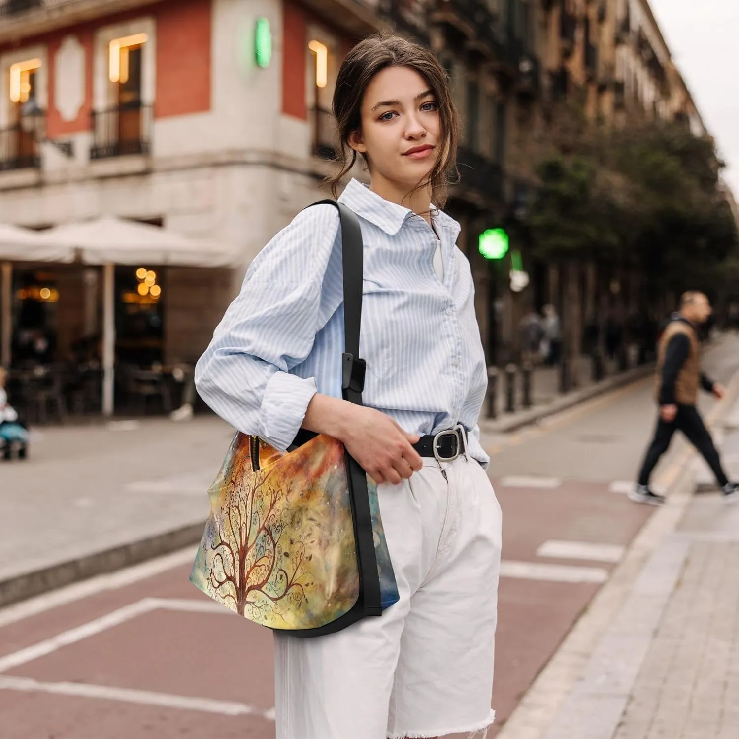 Cosmic Tree on Starry Night Sky Woman Large Cross Body Bag, Leather Shoulder Bag, Cross Body Faux Leather Bag