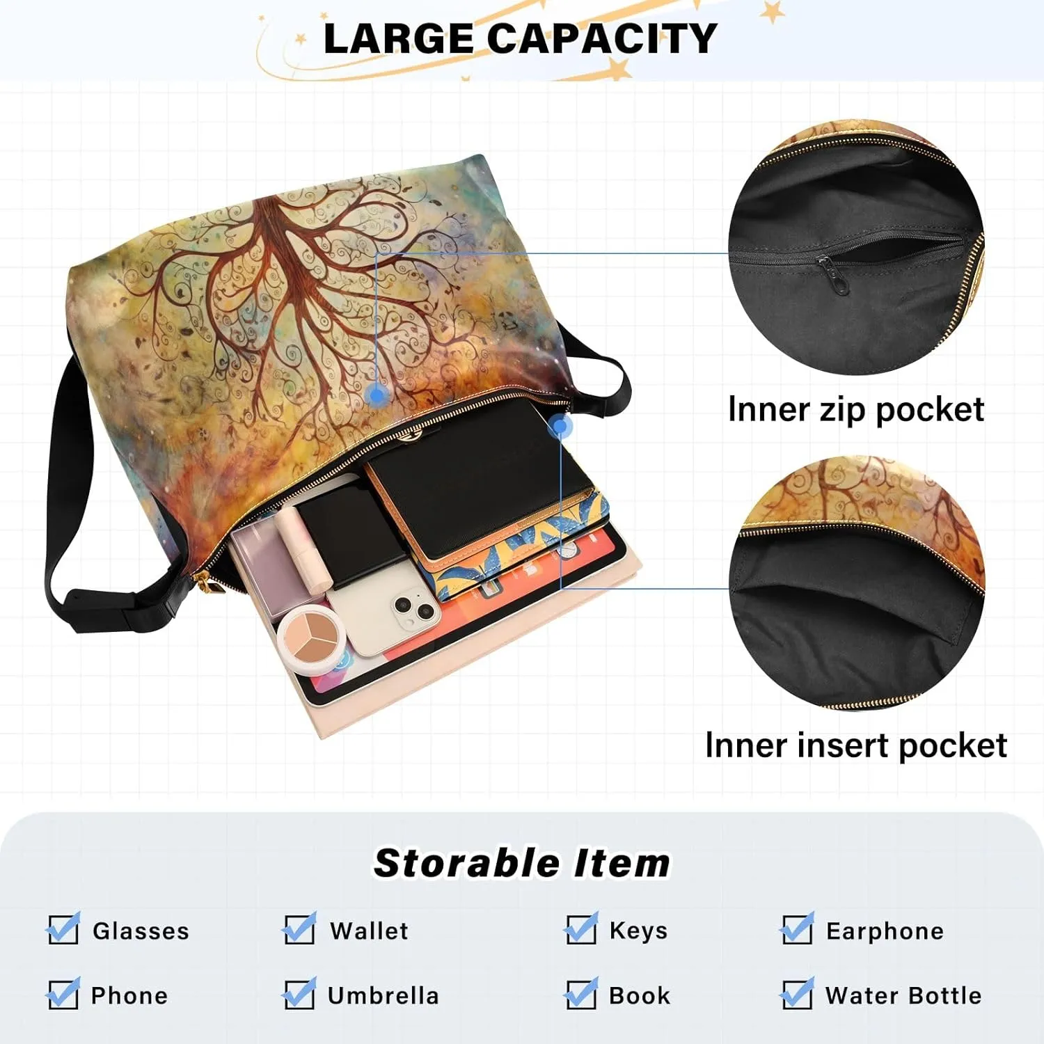 Cosmic Tree on Starry Night Sky Woman Large Cross Body Bag, Leather Shoulder Bag, Cross Body Faux Leather Bag