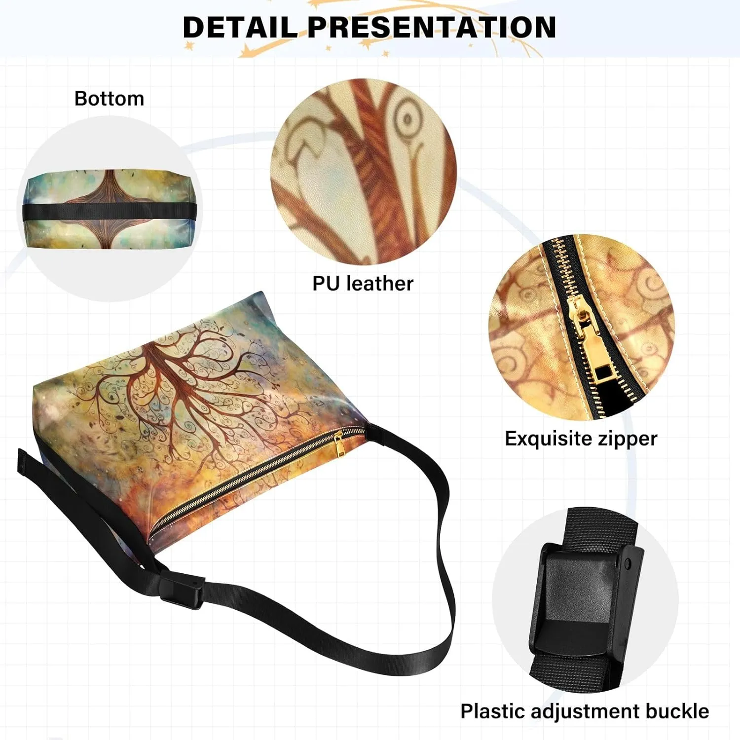 Cosmic Tree on Starry Night Sky Woman Large Cross Body Bag, Leather Shoulder Bag, Cross Body Faux Leather Bag