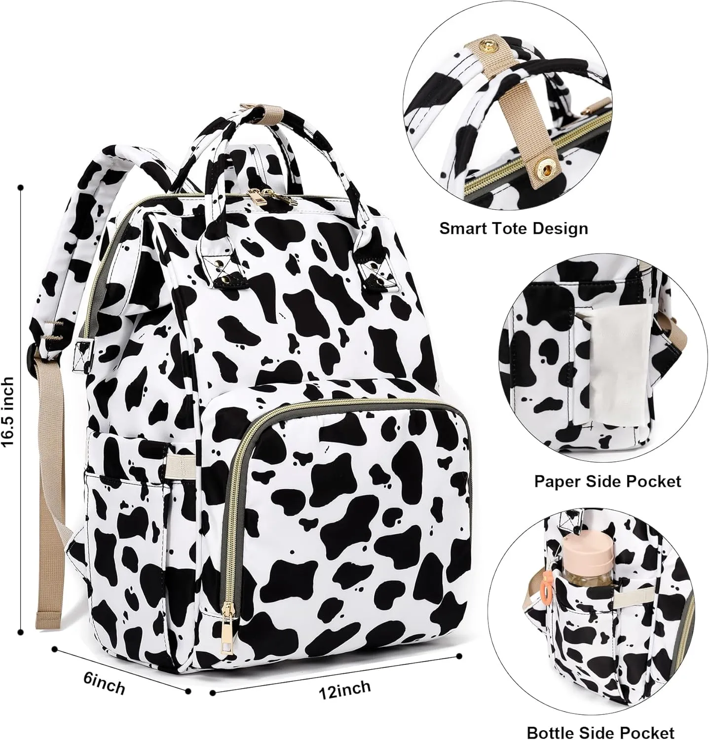 Cow Print Baby Diaper Bag Backpack for Girls Boys, Waterproof Large Maternity Nappy Bags for Mom