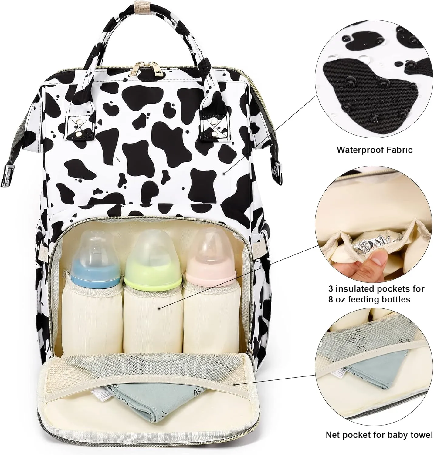 Cow Print Baby Diaper Bag Backpack for Girls Boys, Waterproof Large Maternity Nappy Bags for Mom