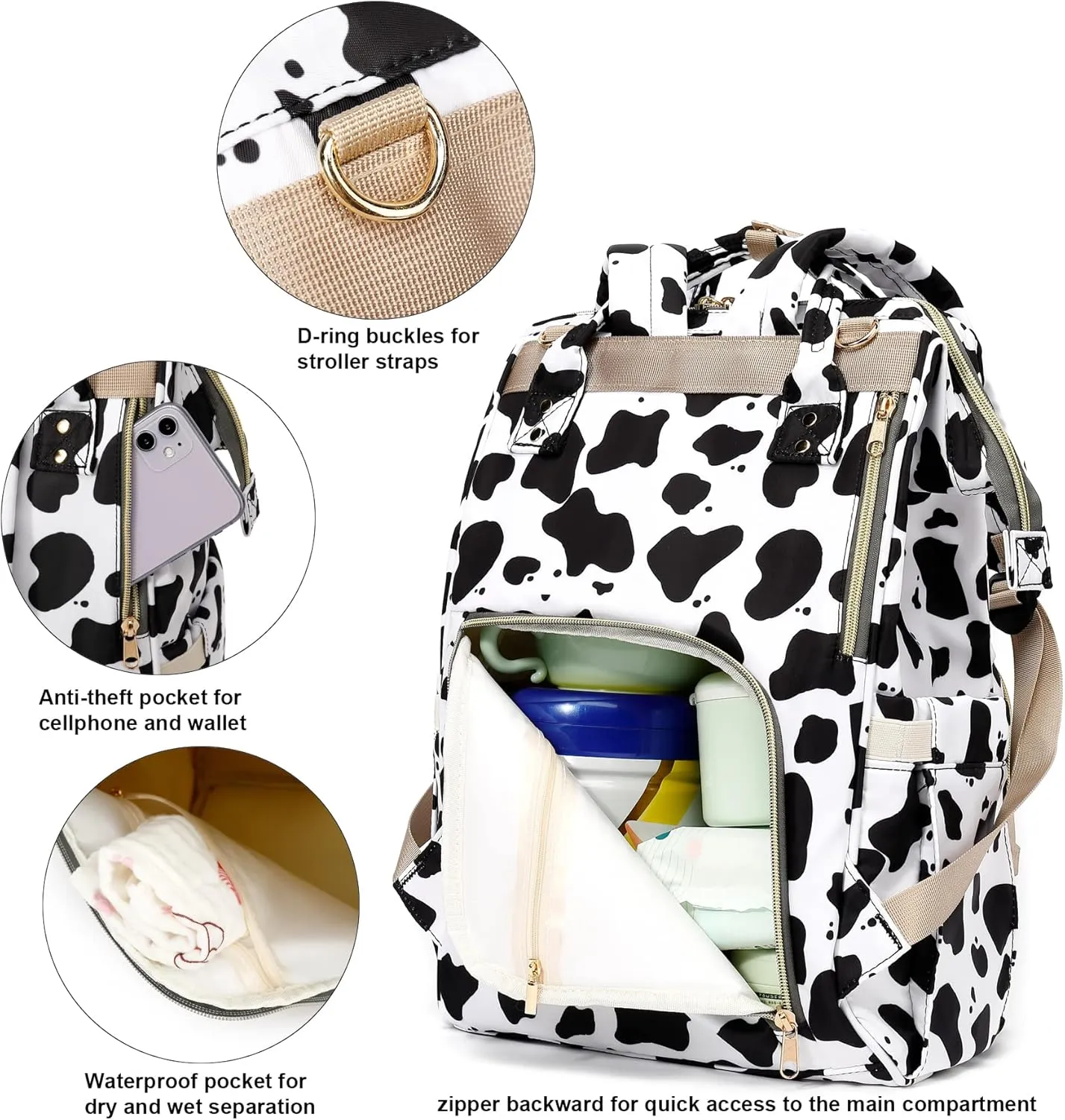 Cow Print Baby Diaper Bag Backpack for Girls Boys, Waterproof Large Maternity Nappy Bags for Mom
