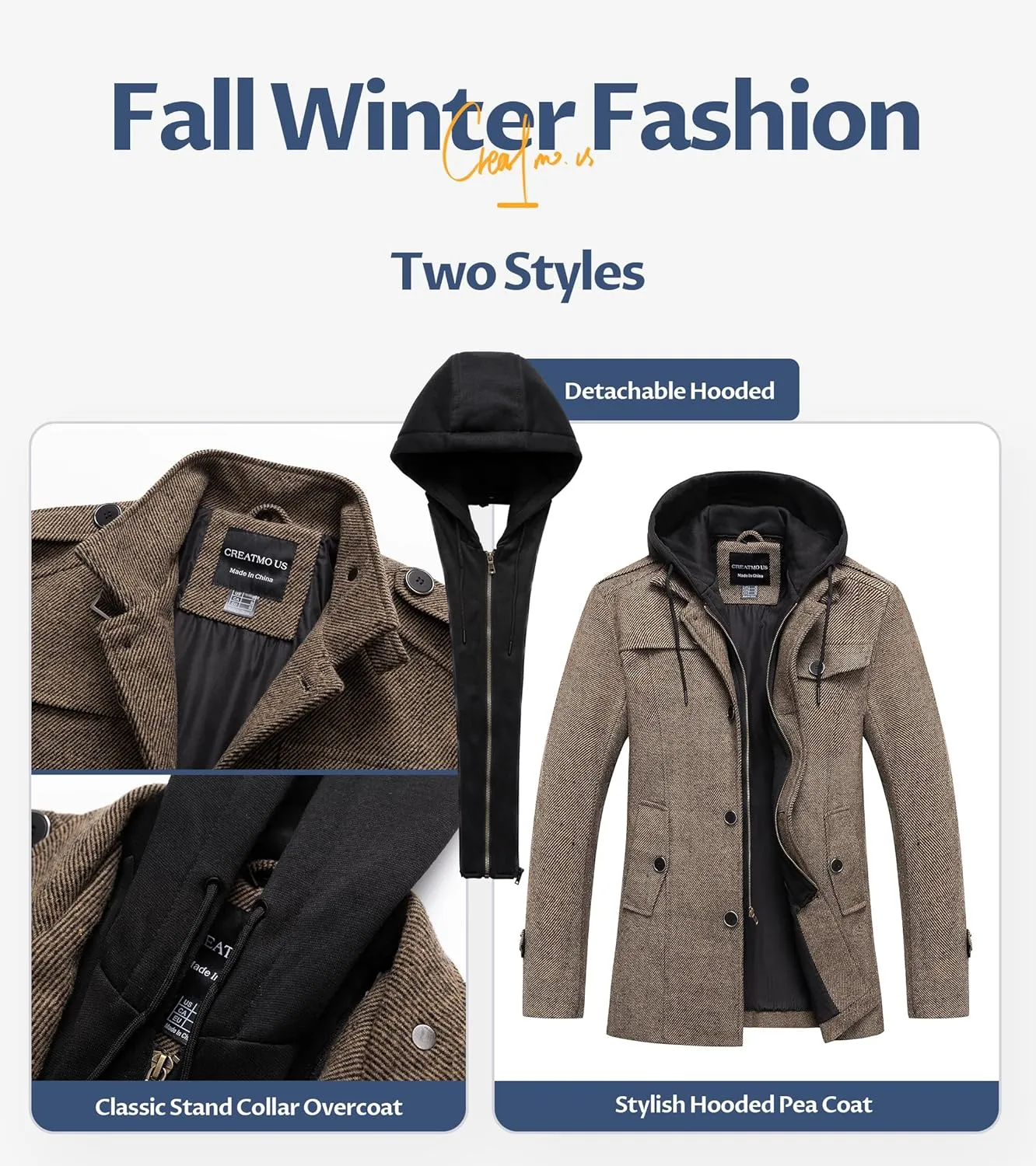 CREATMO US Men's Classic Pea Coat Wool Blend Trench Coat Windproof Business Overcoat With Detachable Hood