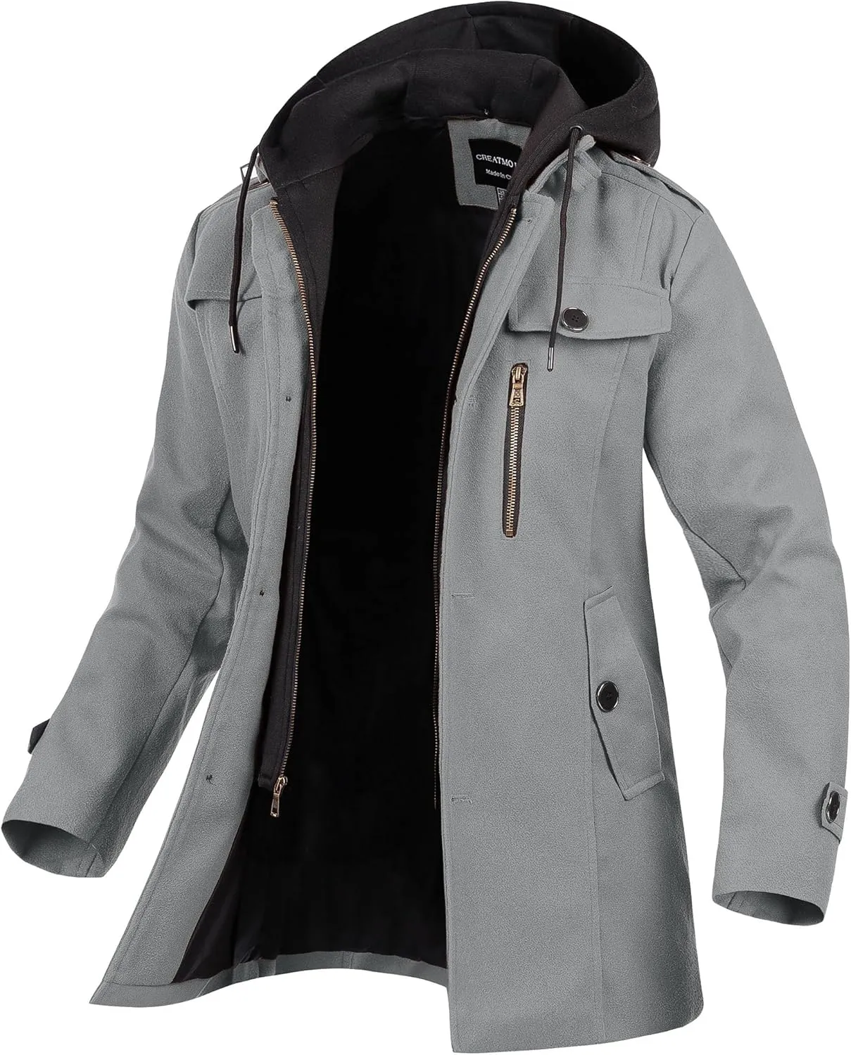 CREATMO US Men's Classic Pea Coat Wool Blend Trench Coat Windproof Business Overcoat With Detachable Hood