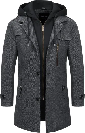 CREATMO US Men's Classic Pea Coat Wool Blend Trench Coat Windproof Business Overcoat With Detachable Hood