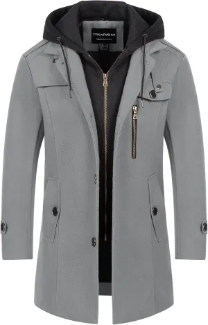 CREATMO US Men's Classic Pea Coat Wool Blend Trench Coat Windproof Business Overcoat With Detachable Hood