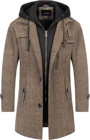 CREATMO US Men's Classic Pea Coat Wool Blend Trench Coat Windproof Business Overcoat With Detachable Hood