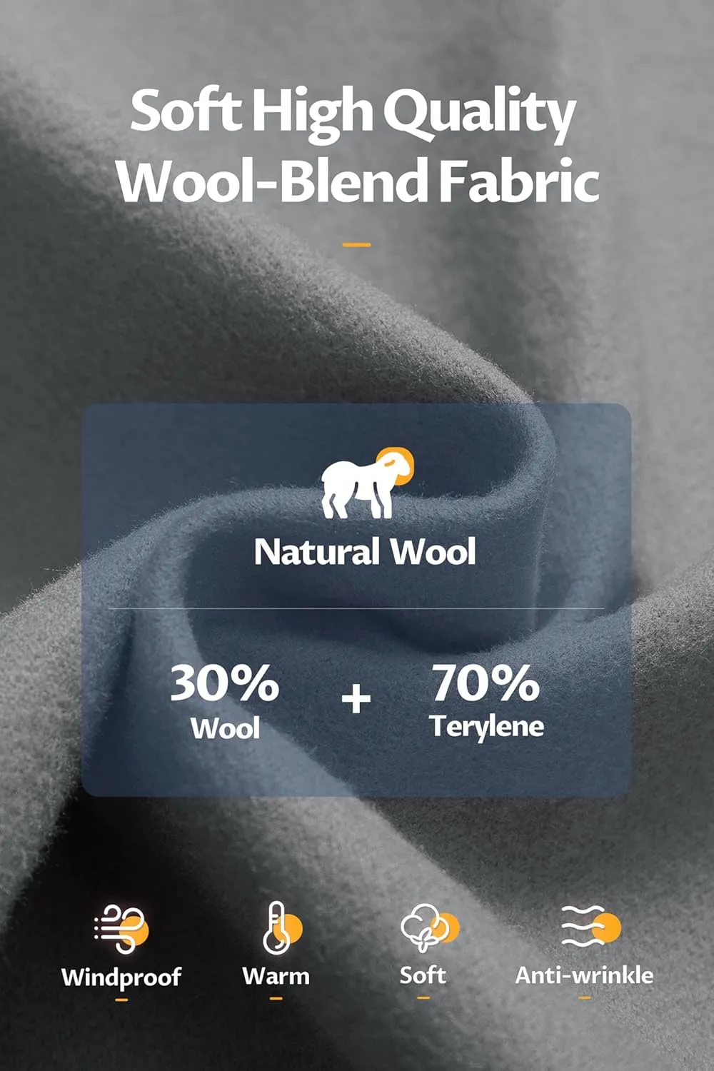CREATMO US Men's Classic Pea Coat Wool Blend Trench Coat Windproof Business Overcoat With Detachable Hood