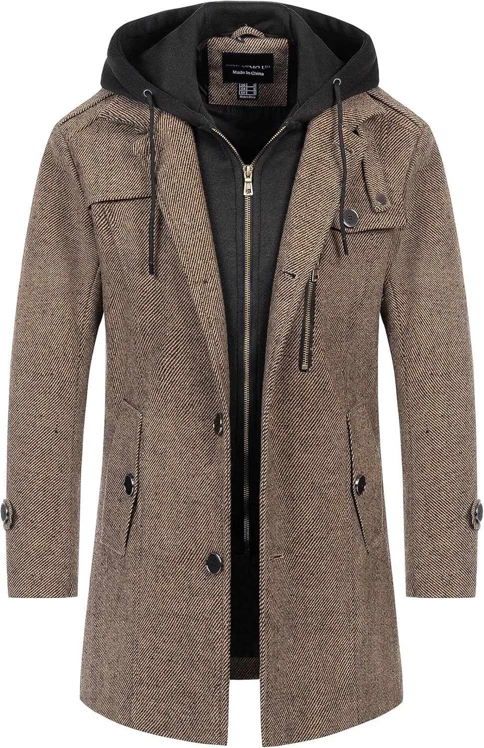 CREATMO US Men's Classic Pea Coat Wool Blend Trench Coat Windproof Business Overcoat With Detachable Hood