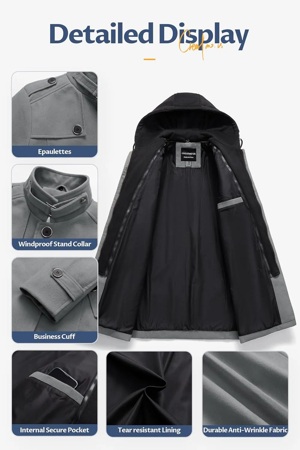 CREATMO US Men's Classic Pea Coat Wool Blend Trench Coat Windproof Business Overcoat With Detachable Hood