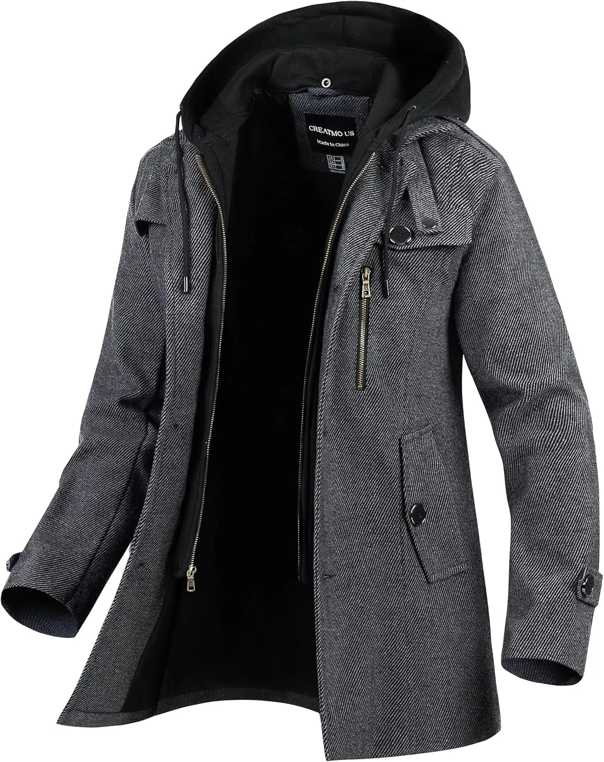 CREATMO US Men's Classic Pea Coat Wool Blend Trench Coat Windproof Business Overcoat With Detachable Hood