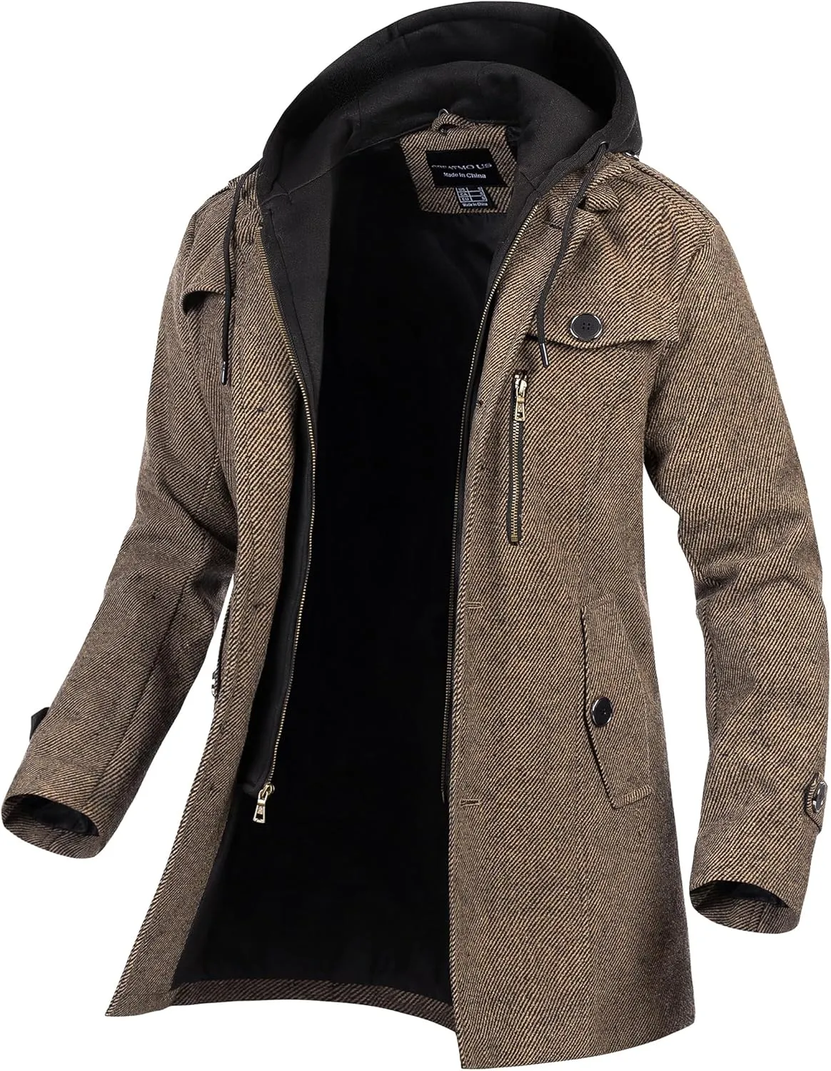 CREATMO US Men's Classic Pea Coat Wool Blend Trench Coat Windproof Business Overcoat With Detachable Hood