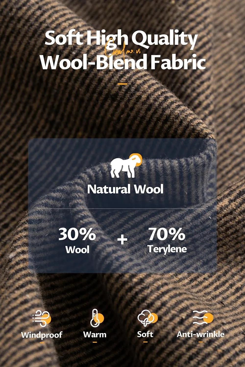 CREATMO US Men's Classic Pea Coat Wool Blend Trench Coat Windproof Business Overcoat With Detachable Hood