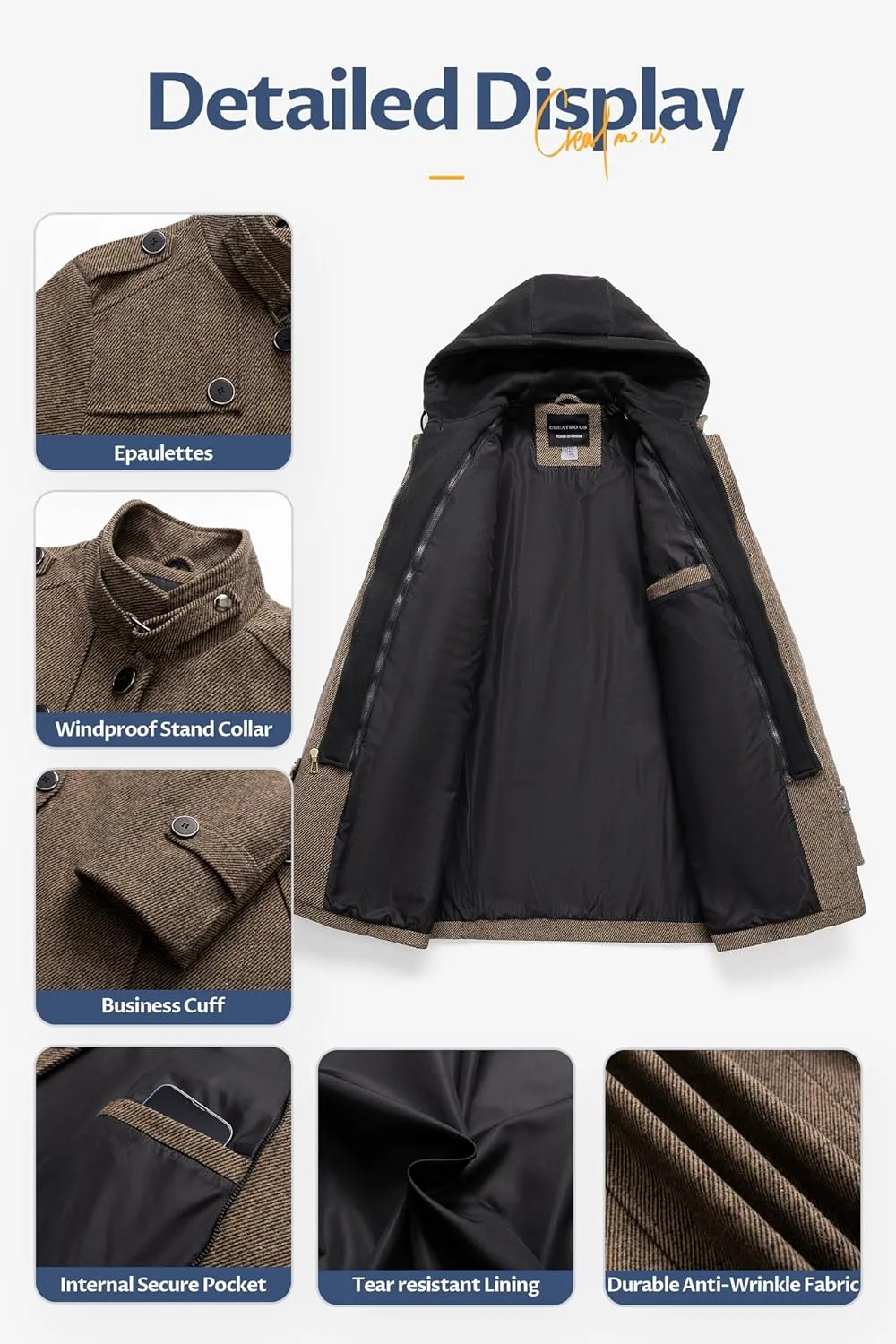 CREATMO US Men's Classic Pea Coat Wool Blend Trench Coat Windproof Business Overcoat With Detachable Hood