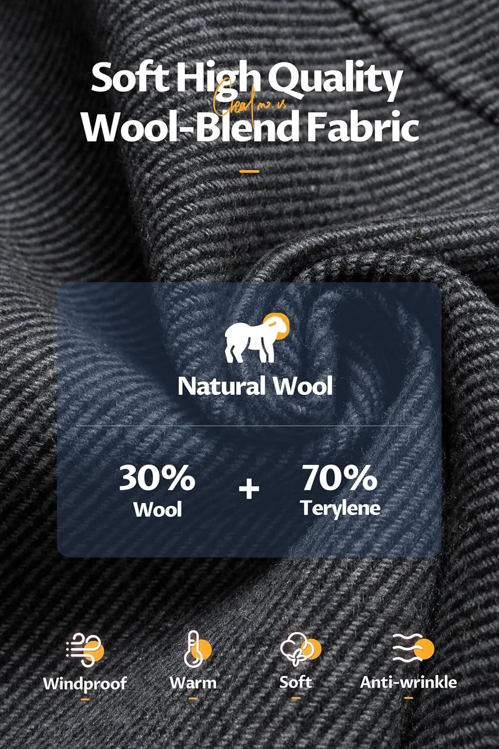 CREATMO US Men's Classic Pea Coat Wool Blend Trench Coat Windproof Business Overcoat With Detachable Hood