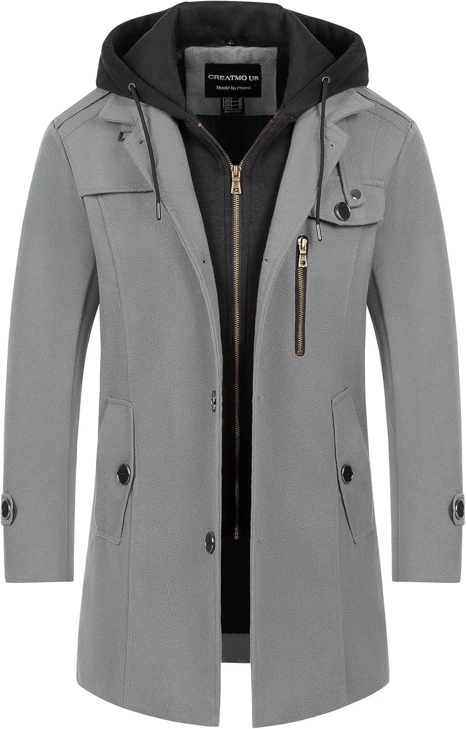 CREATMO US Men's Classic Pea Coat Wool Blend Trench Coat Windproof Business Overcoat With Detachable Hood