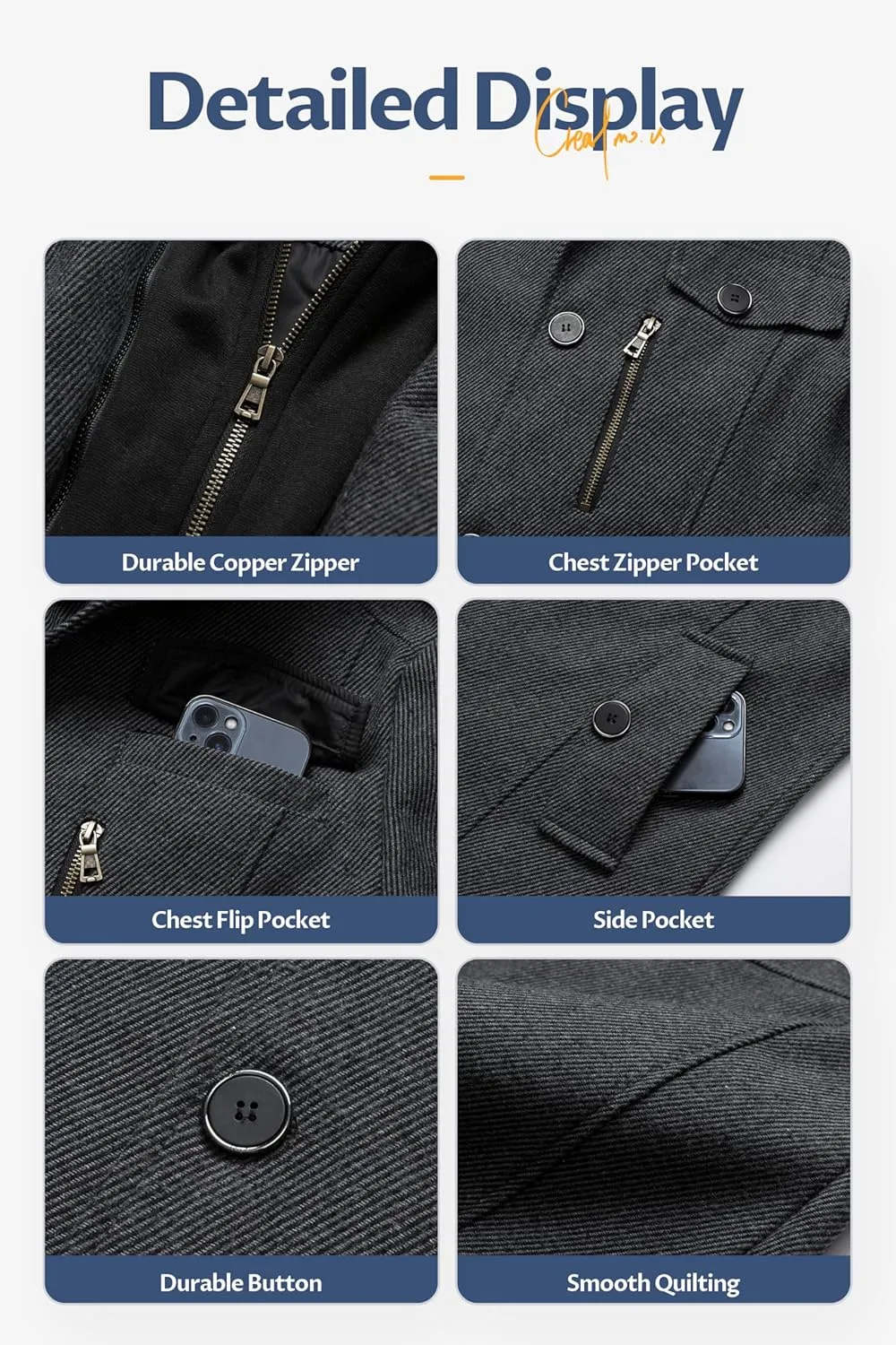 CREATMO US Men's Classic Pea Coat Wool Blend Trench Coat Windproof Business Overcoat With Detachable Hood