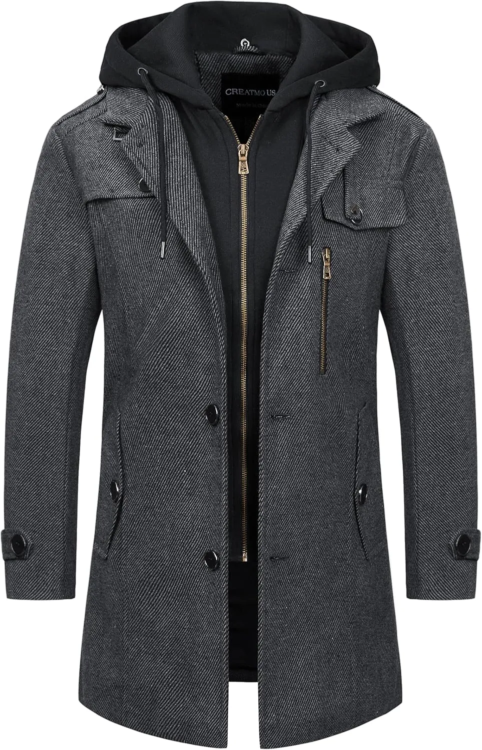 CREATMO US Men's Classic Pea Coat Wool Blend Trench Coat Windproof Business Overcoat With Detachable Hood