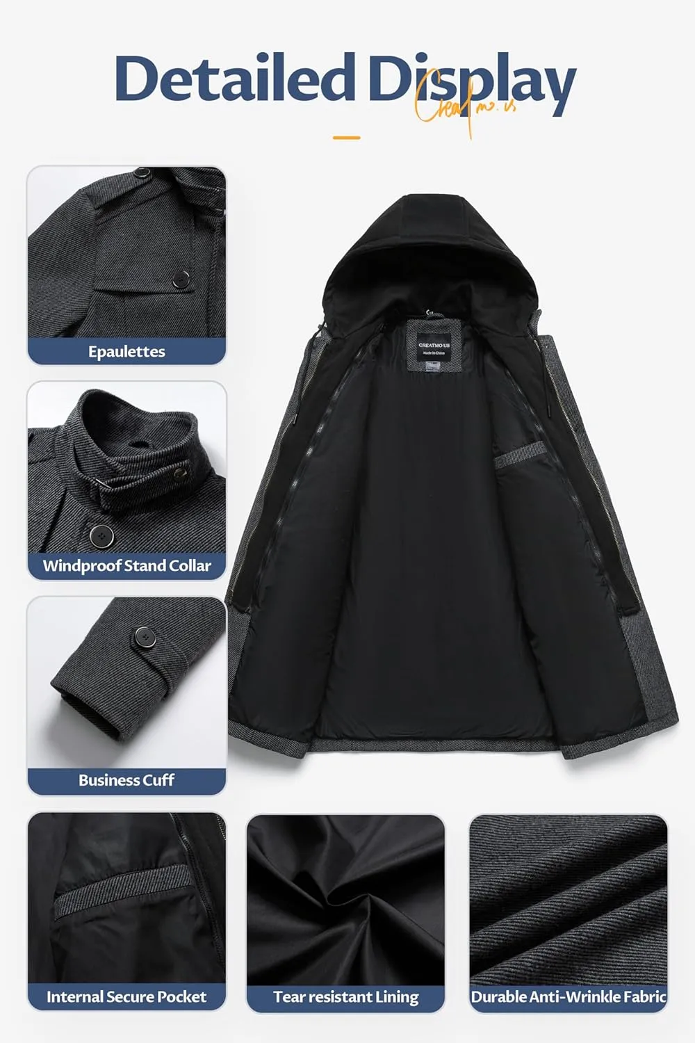 CREATMO US Men's Classic Pea Coat Wool Blend Trench Coat Windproof Business Overcoat With Detachable Hood